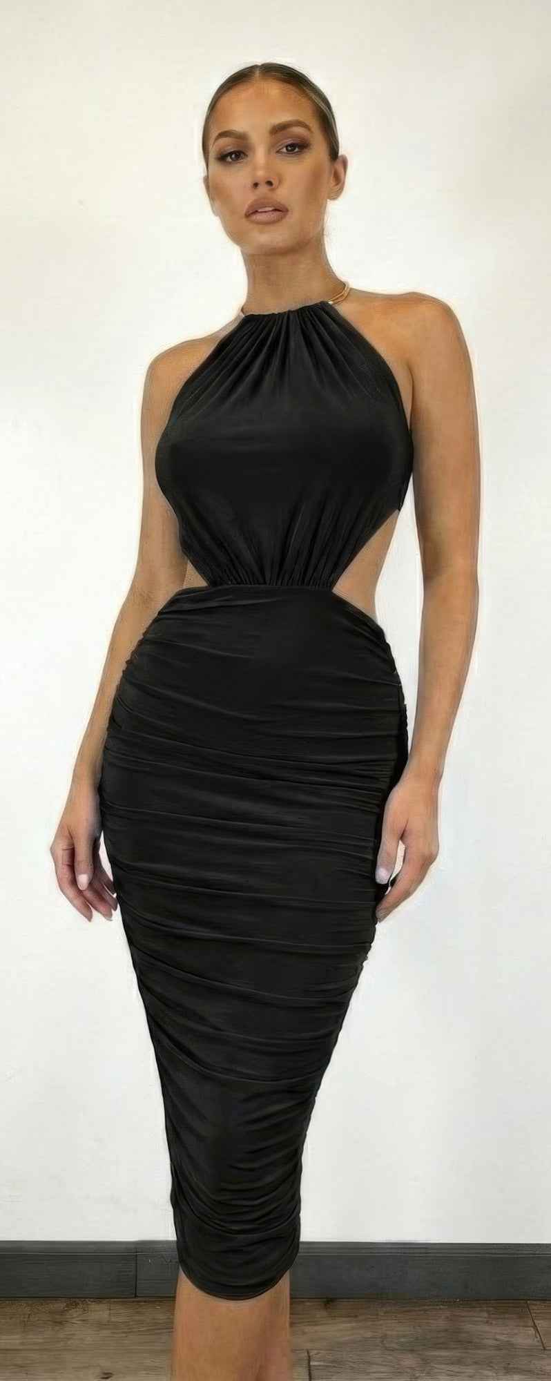 Bodycon Midi Dress, Gold Tone Is Visible At Neck