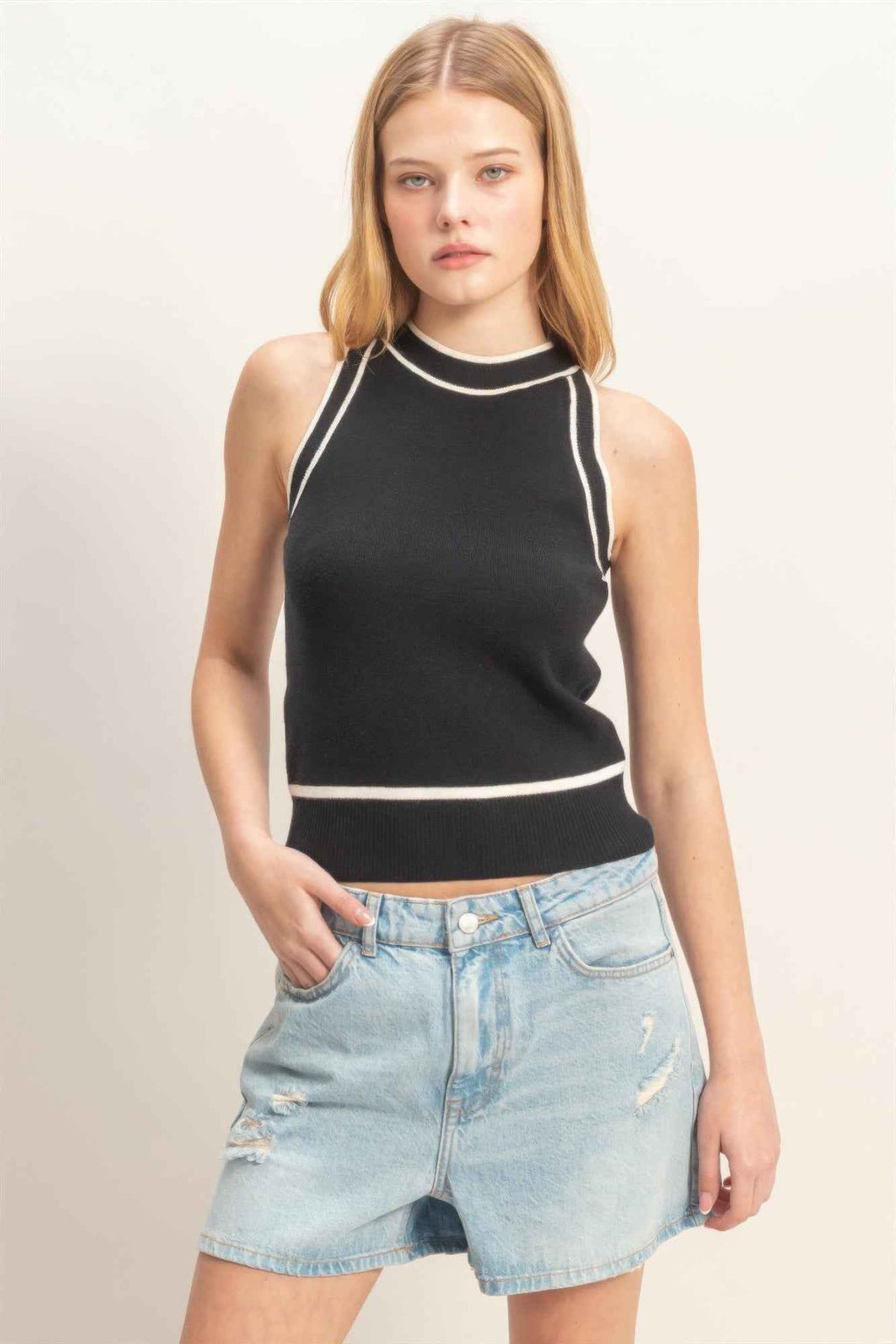 Contrast Trim Sleeveless Ribbed Top