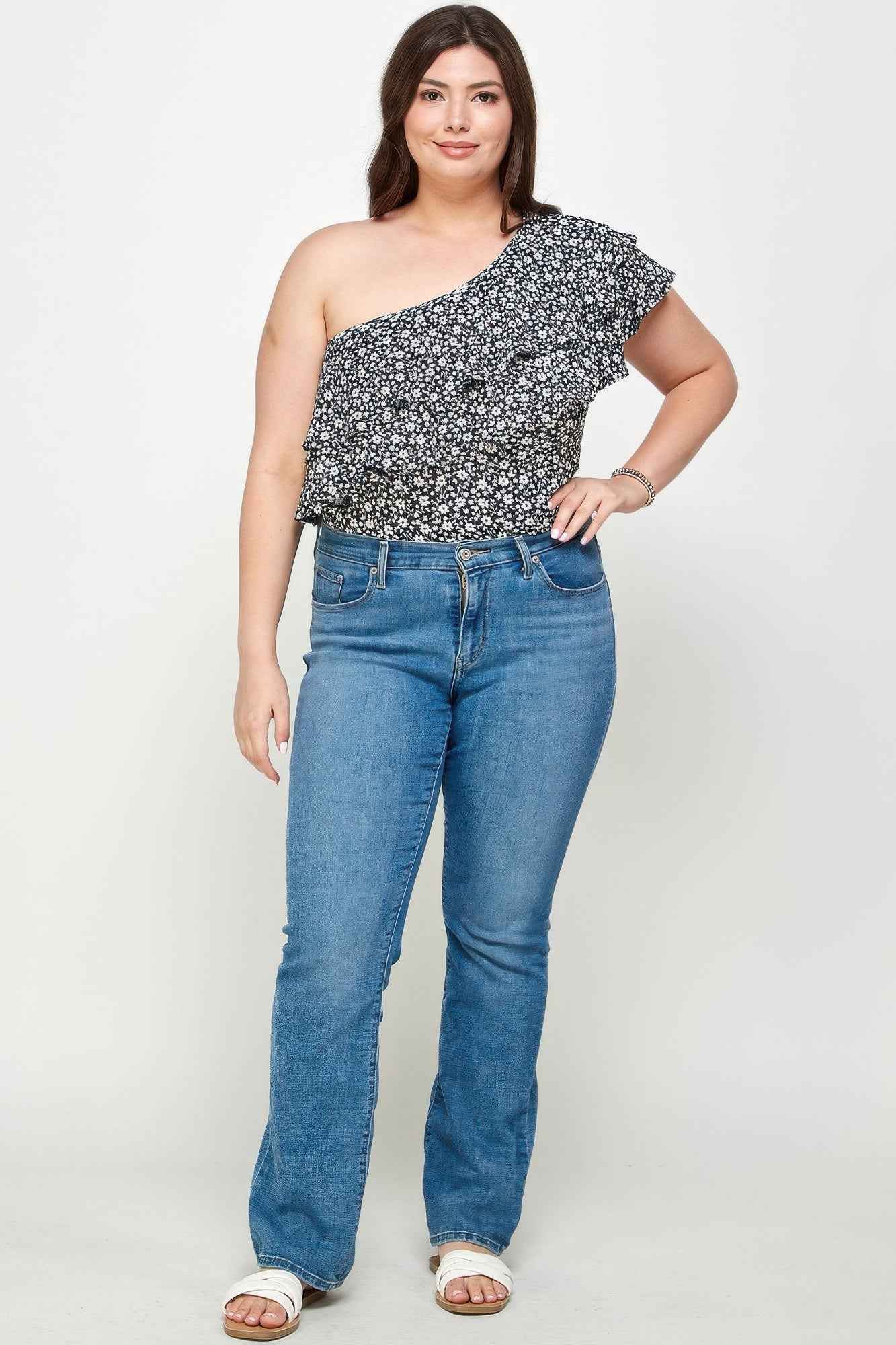 Plus Size Ditsy Floral One Shoulder Bodysuit