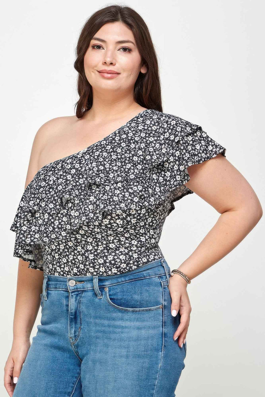 Plus Size Ditsy Floral One Shoulder Bodysuit