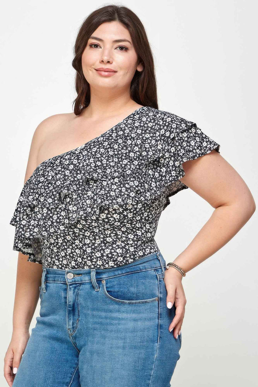 Plus Size Ditsy Floral One Shoulder Bodysuit