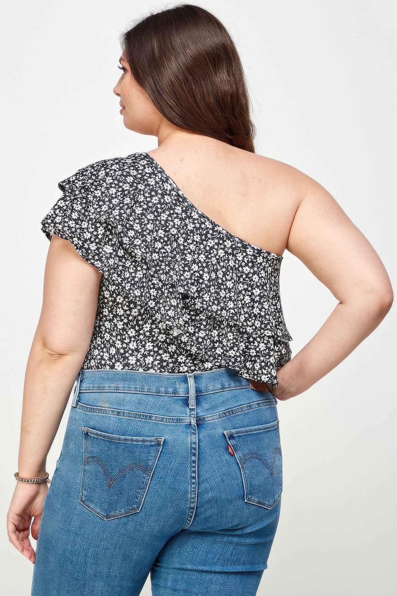 Plus Size Ditsy Floral One Shoulder Bodysuit