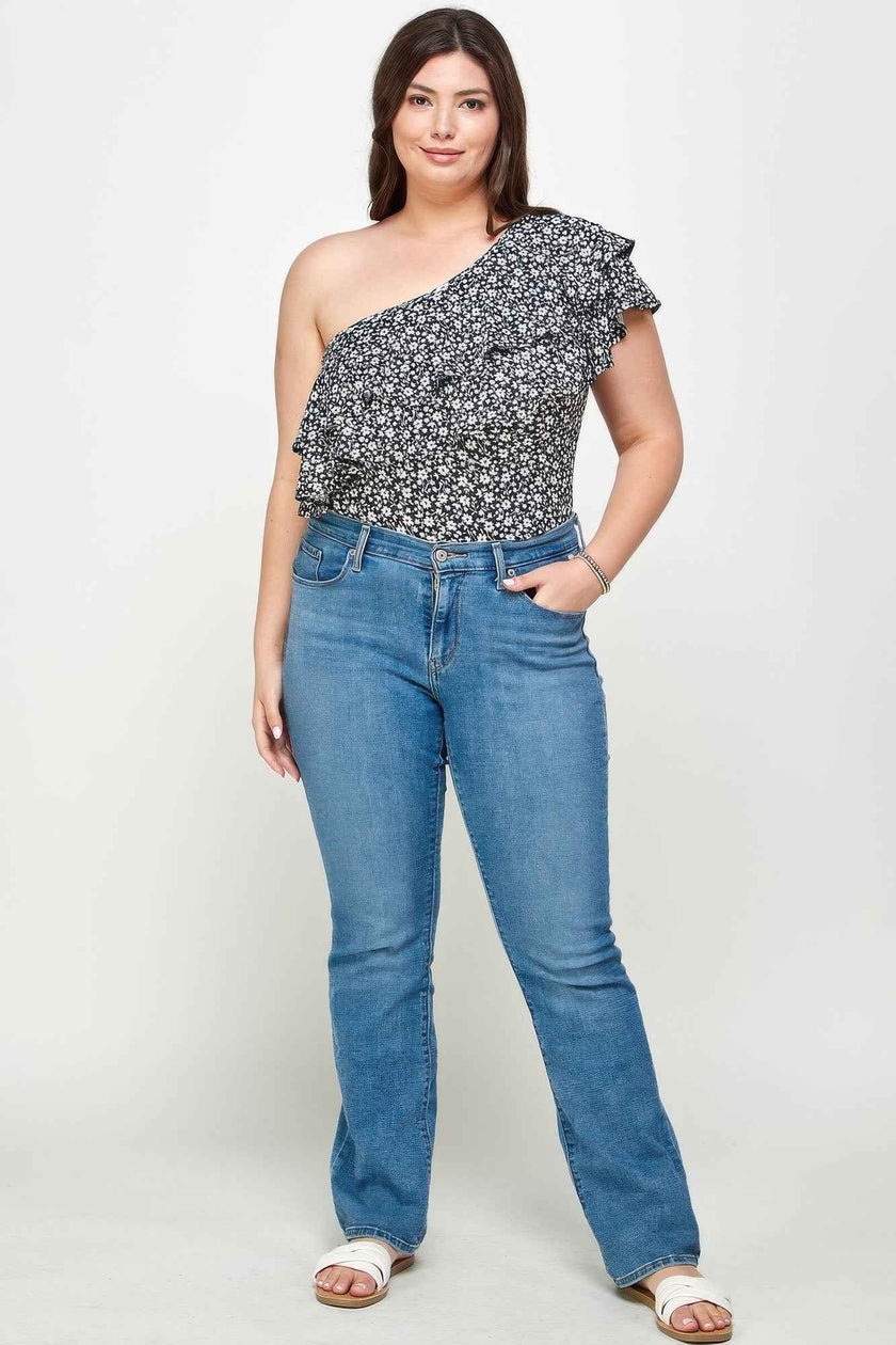 Plus Size Ditsy Floral One Shoulder Bodysuit