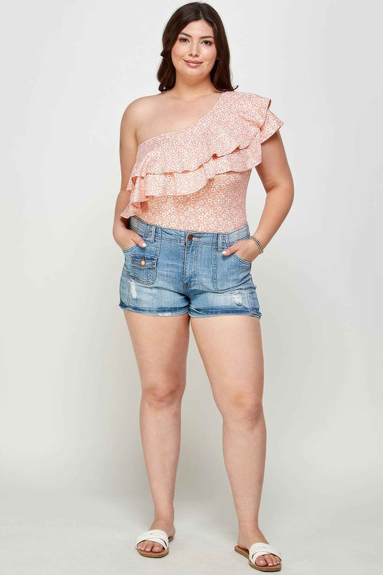 Plus Size Ditsy Floral One Shoulder Bodysuit