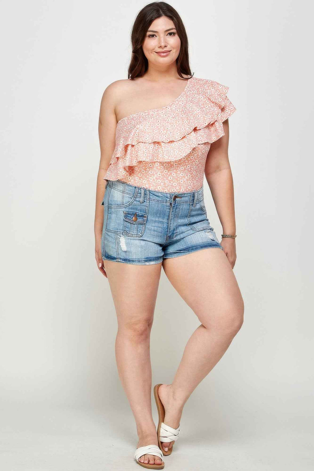 Plus Size Ditsy Floral One Shoulder Bodysuit