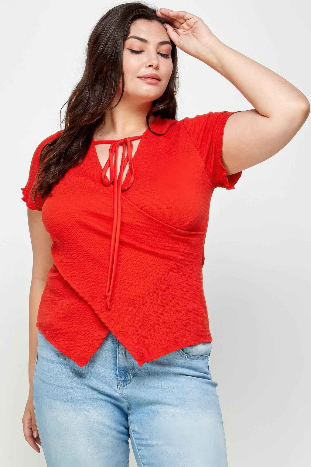 Plus Size Textured Wrap Top With Tie Neck