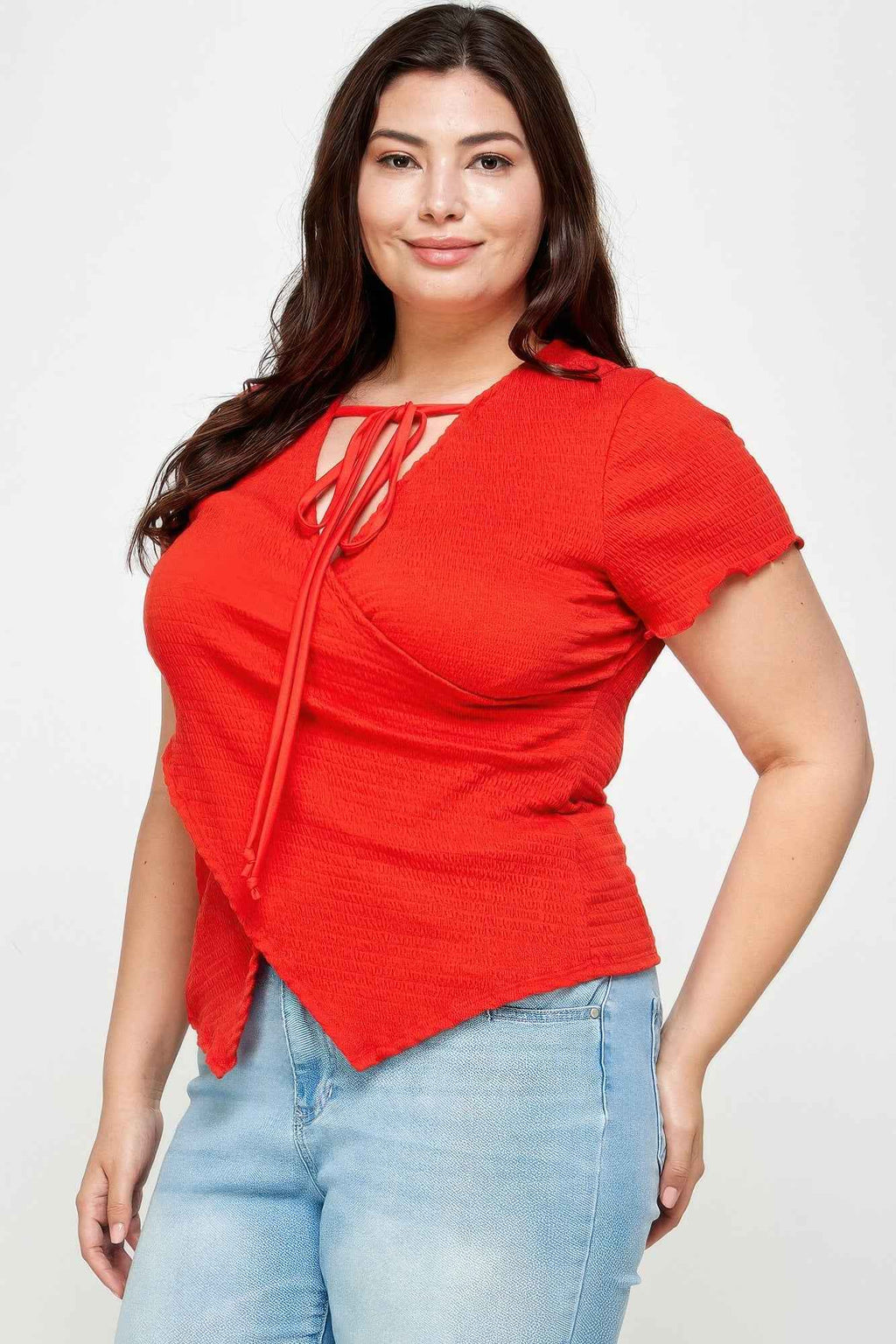 Plus Size Textured Wrap Top With Tie Neck