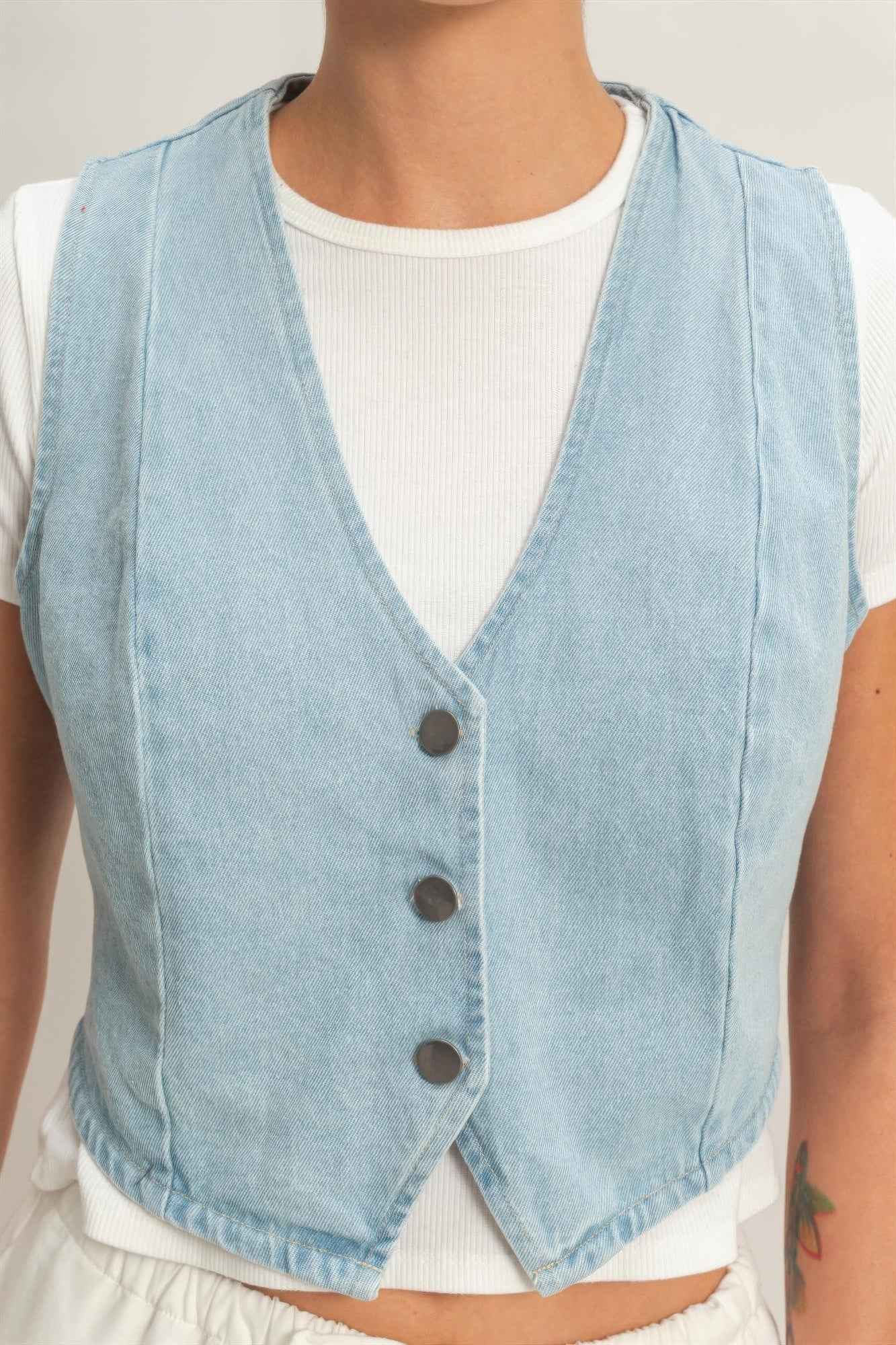 V-neck Sleeveless Denim Vest