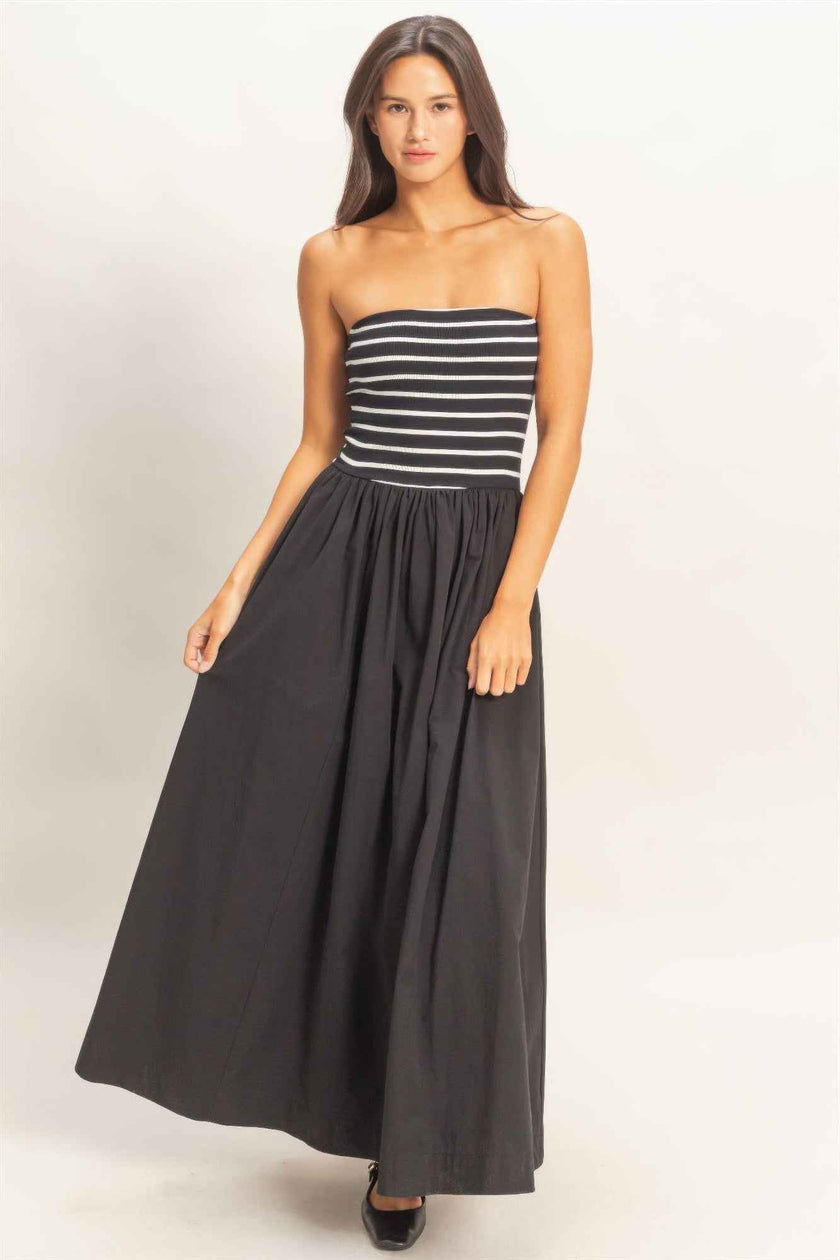 Striped Strapless Flowy Midi Dress