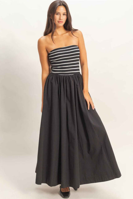 Striped Strapless Flowy Midi Dress