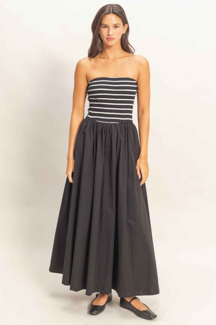 Striped Strapless Flowy Midi Dress