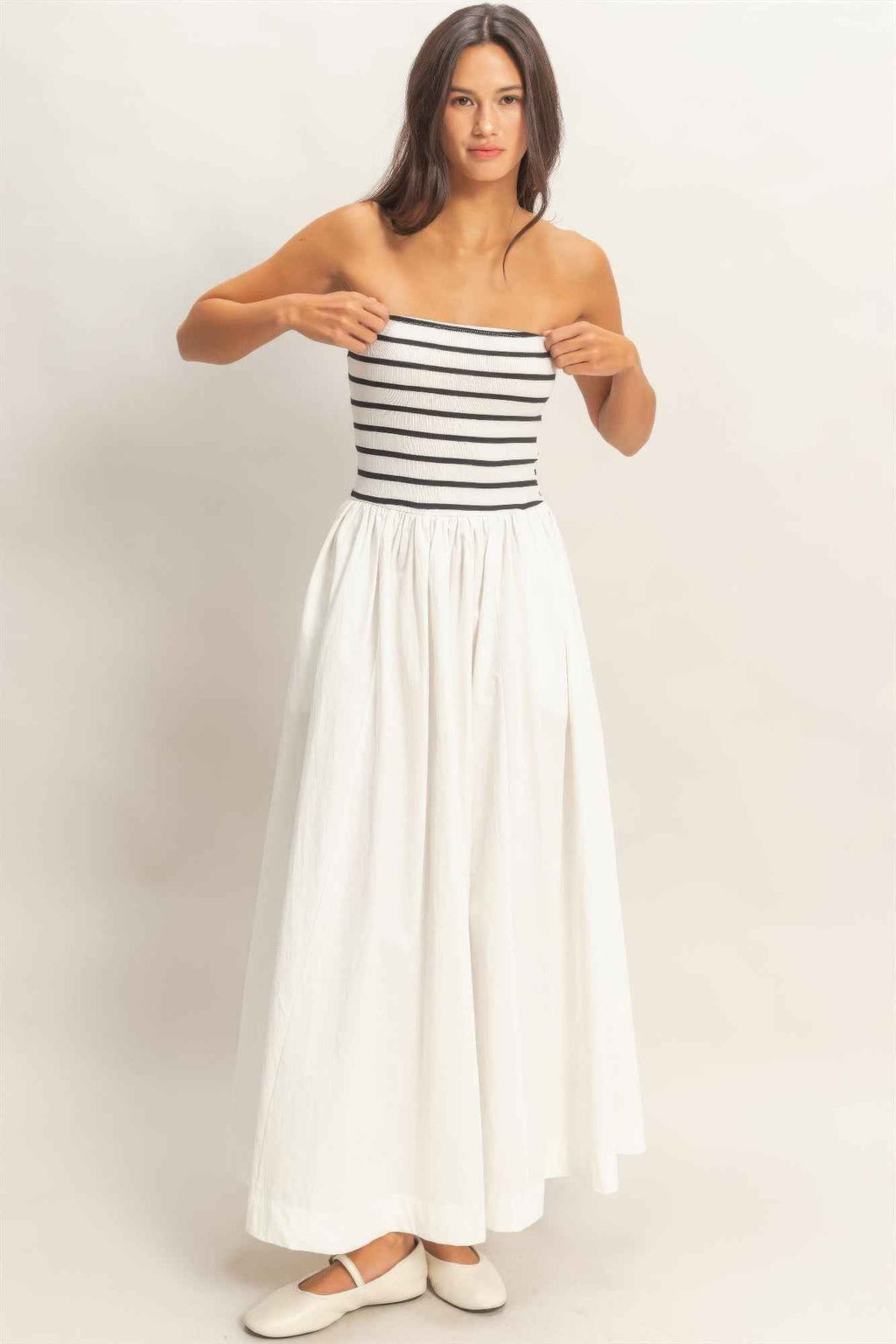 Striped Strapless Flowy Midi Dress