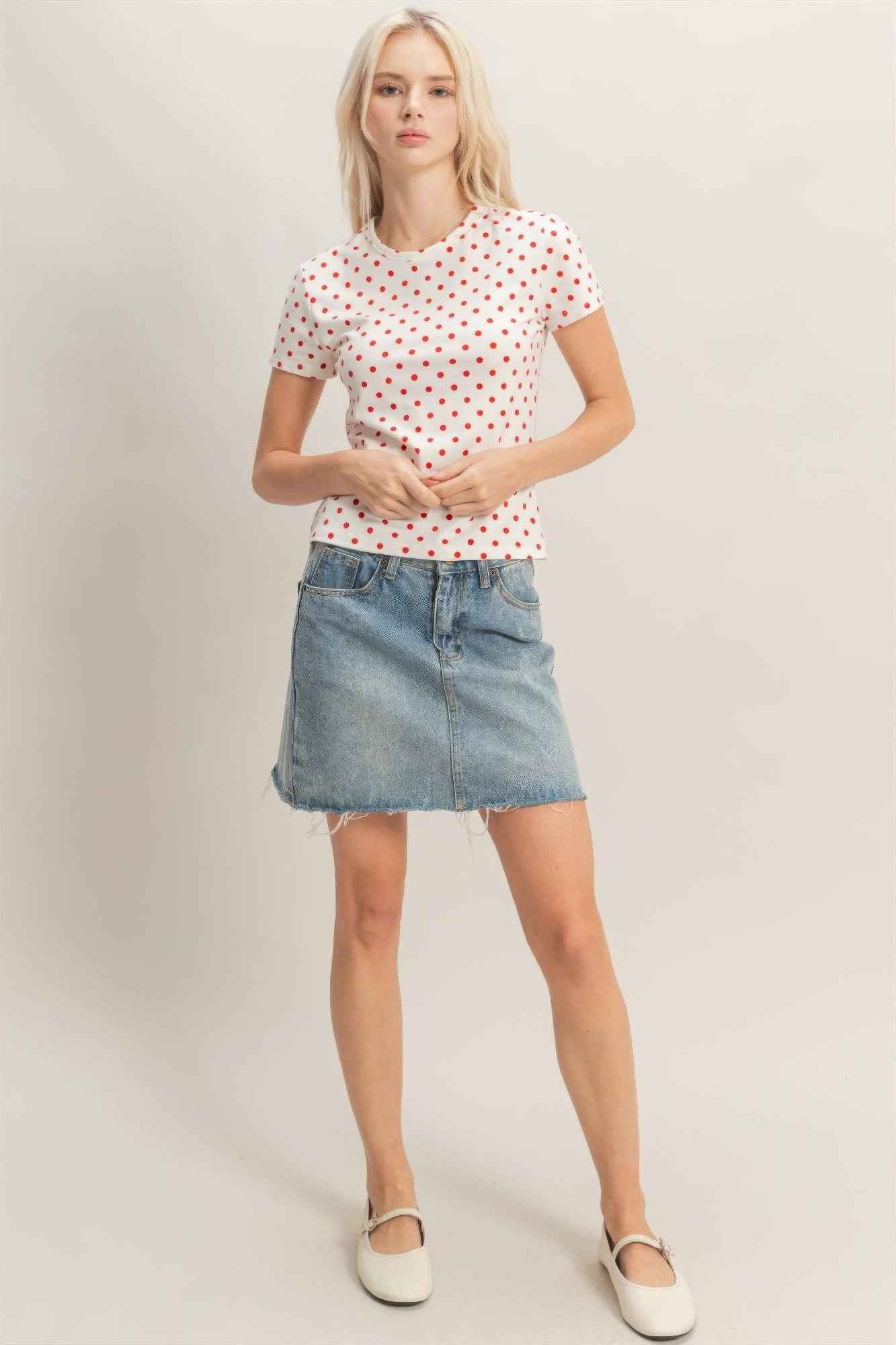 Polka Dot Short Sleeve Crew Neck Top