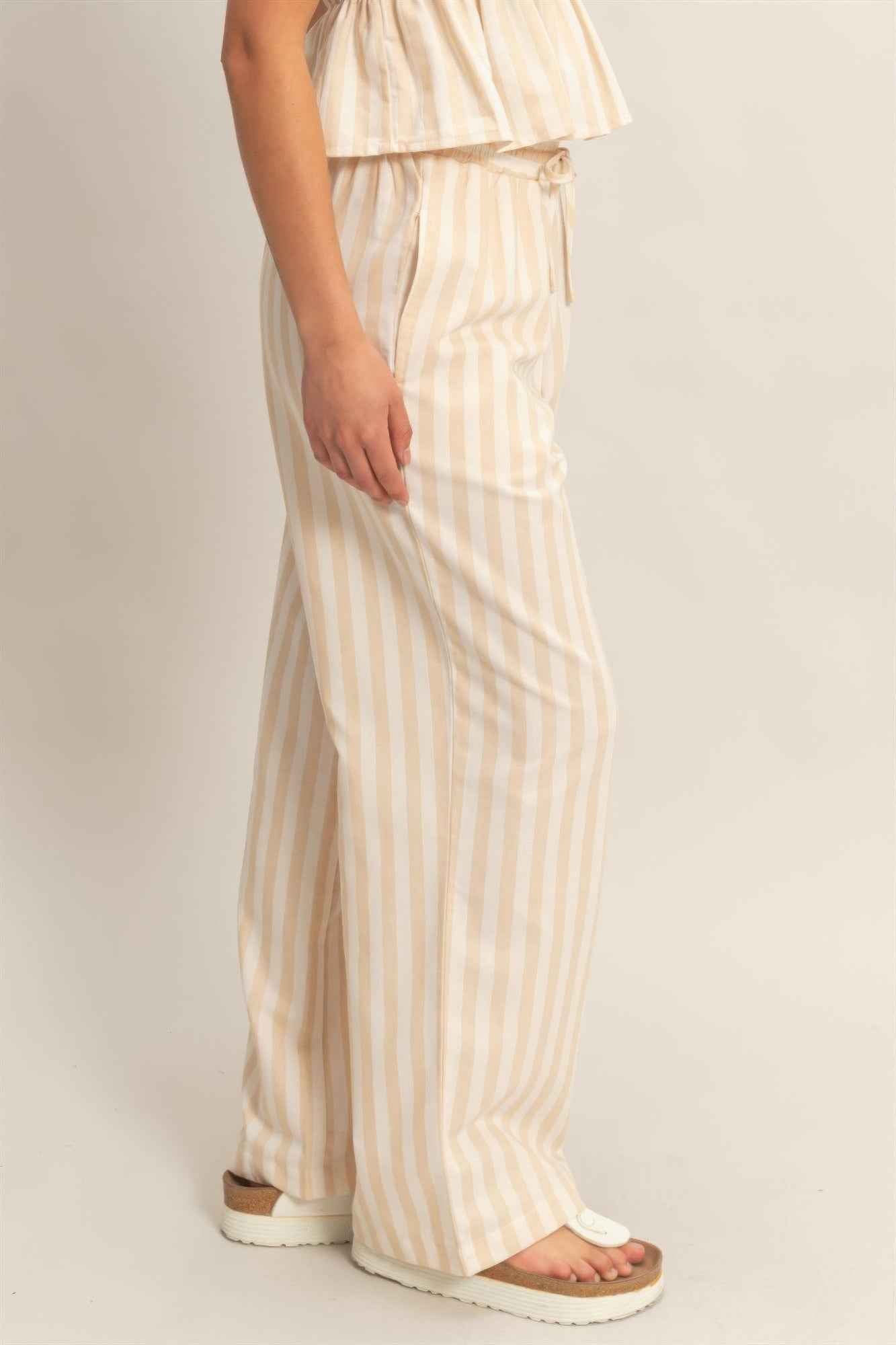 Vertical Striped Elastic Pants With Side Pockets
