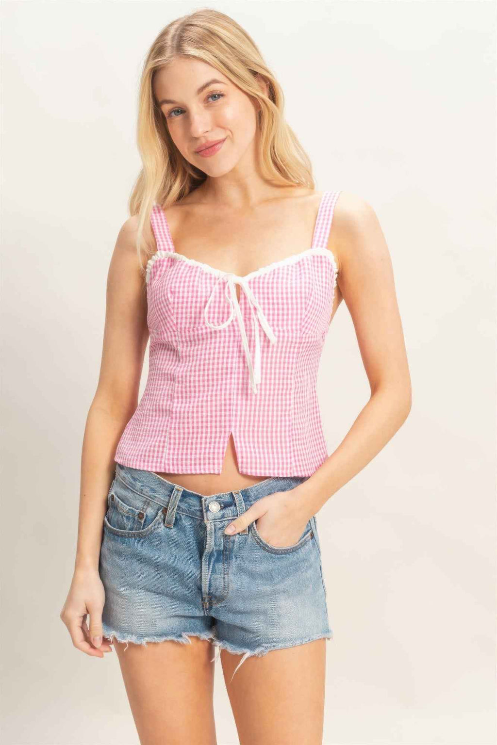 Gingham Tie Front Tank Top