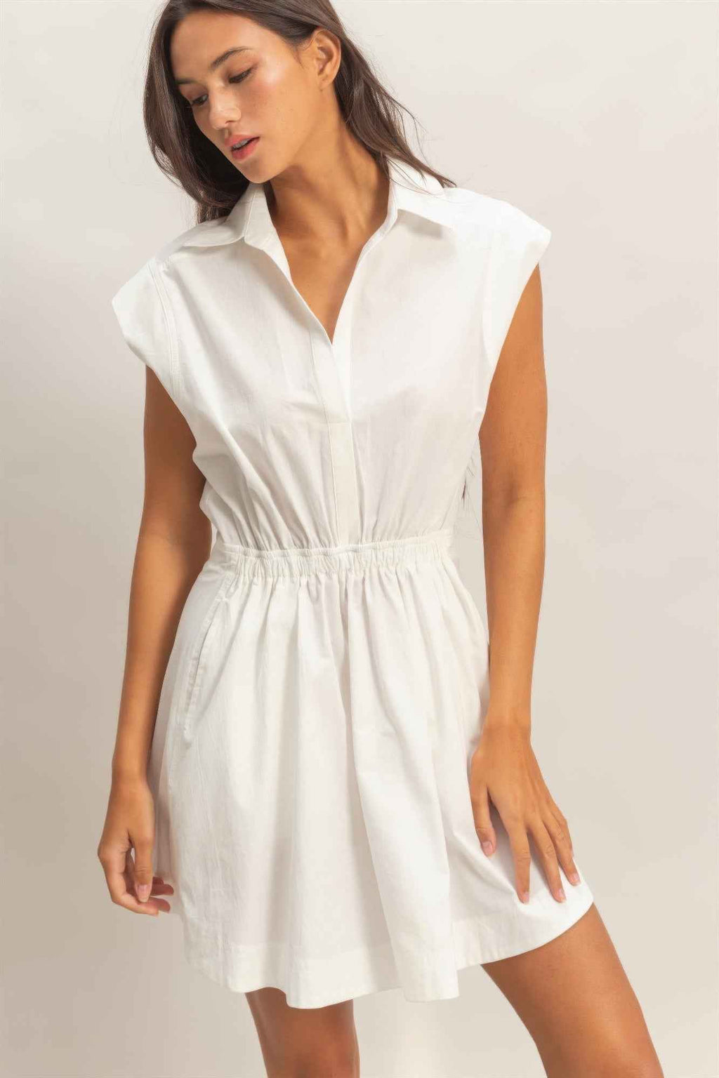Sleeveless Collared Shirred Mini Dress