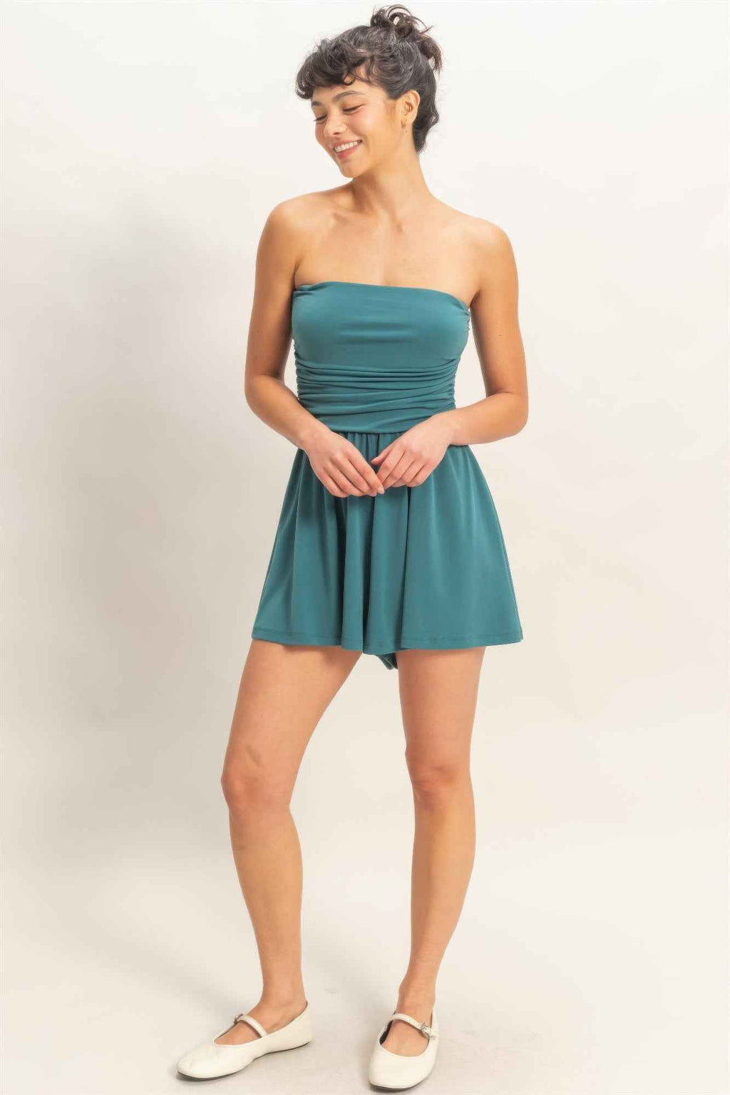 Strapless Shirred Waist Romper