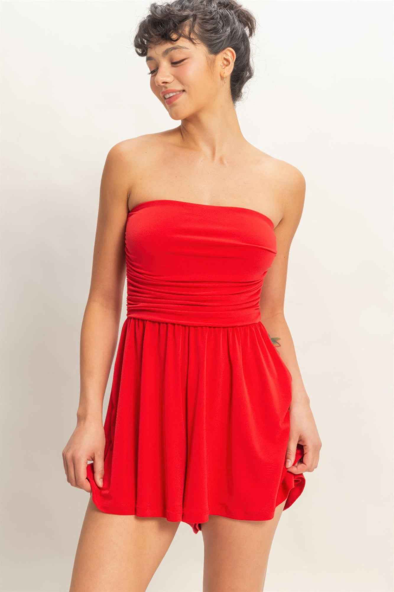 Strapless Shirred Waist Romper
