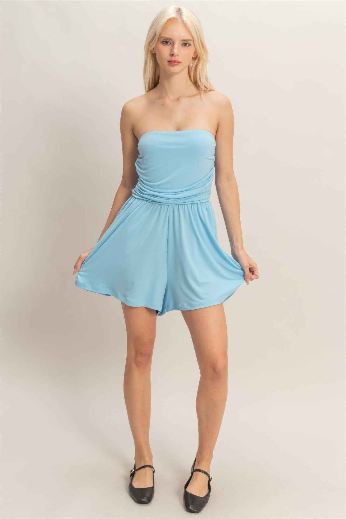 Strapless Shirred Waist Romper