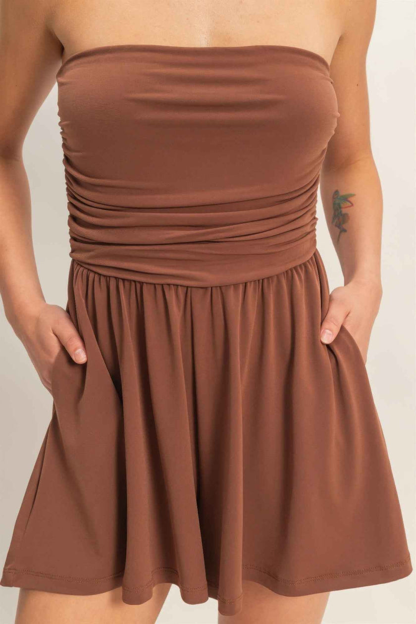 Strapless Shirred Waist Romper