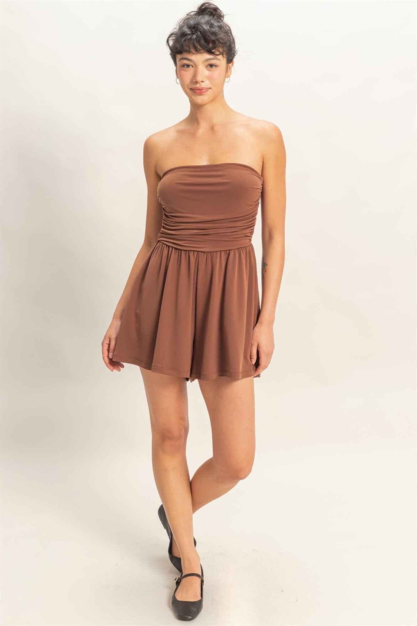 Strapless Shirred Waist Romper
