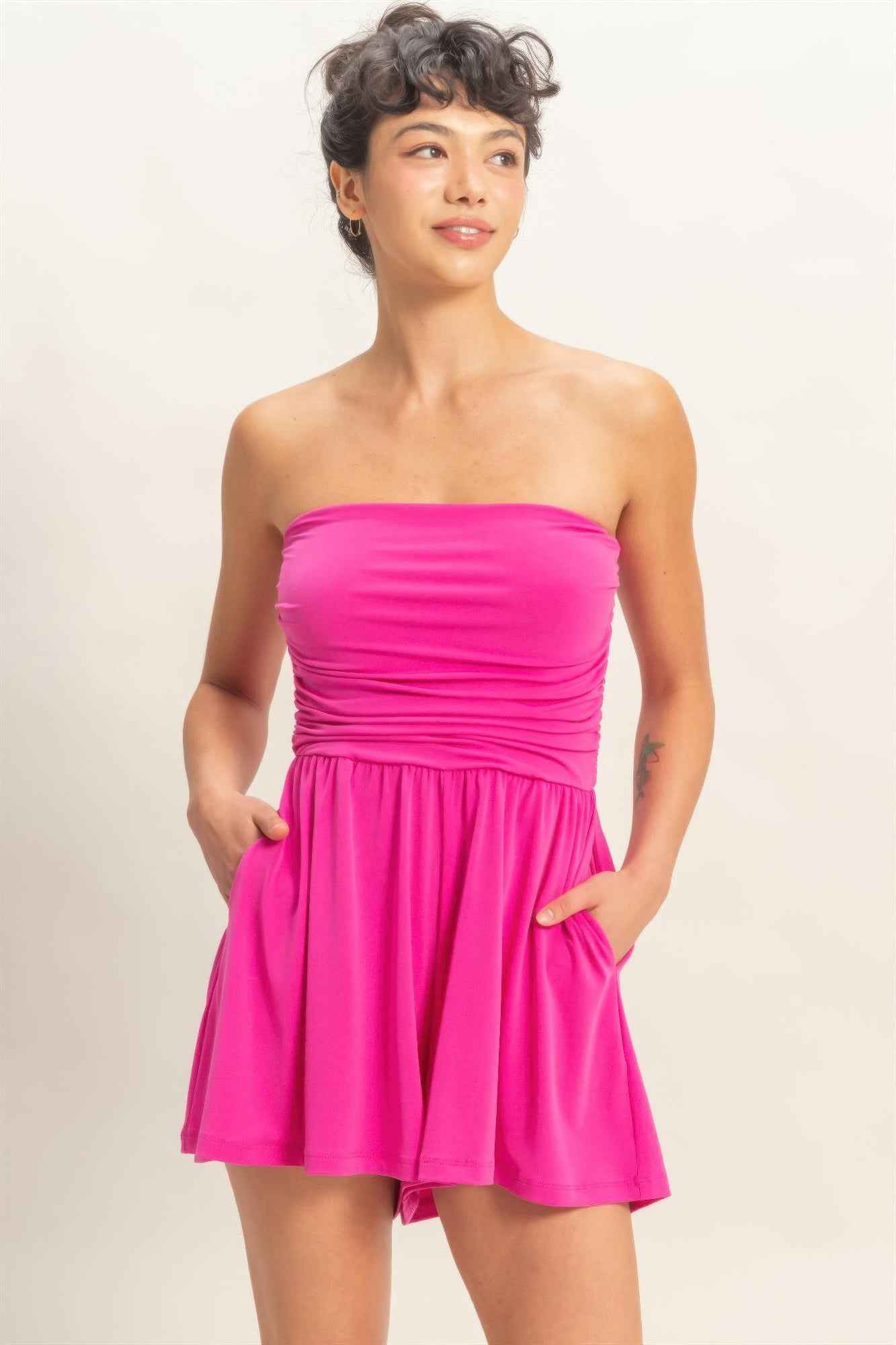 Strapless Shirred Waist Romper