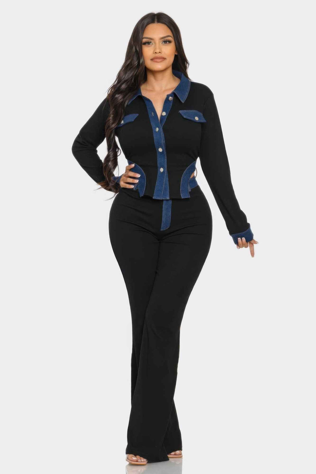 Denim Contrast Pants Set