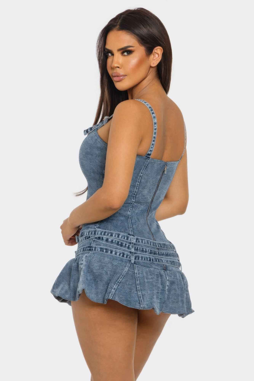 Belted Denim Mini Romper Dress