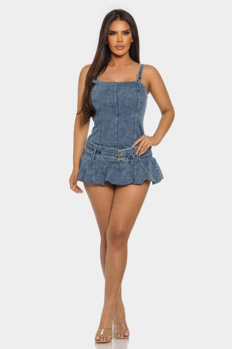 Belted Denim Mini Romper Dress