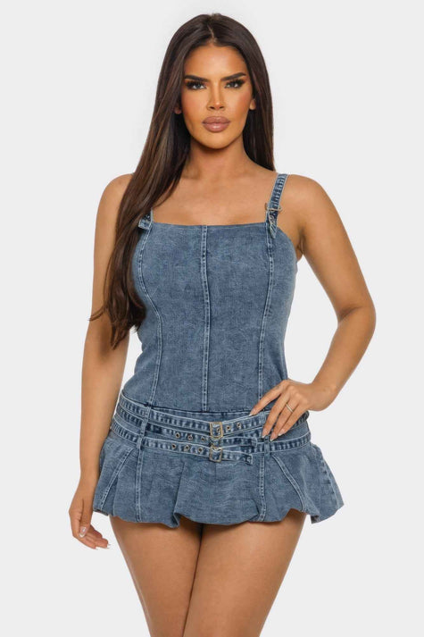 Belted Denim Mini Romper Dress