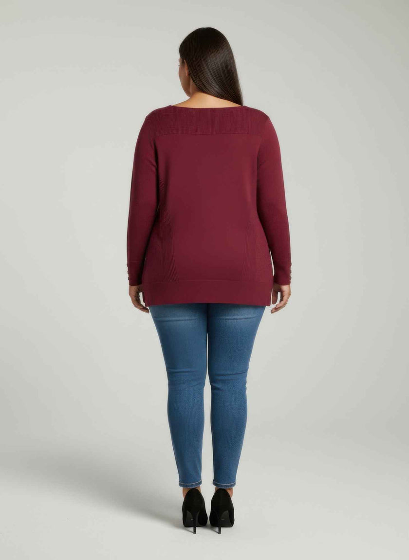 Mocha Button Cuff Ribbed Knit Tunic Top
