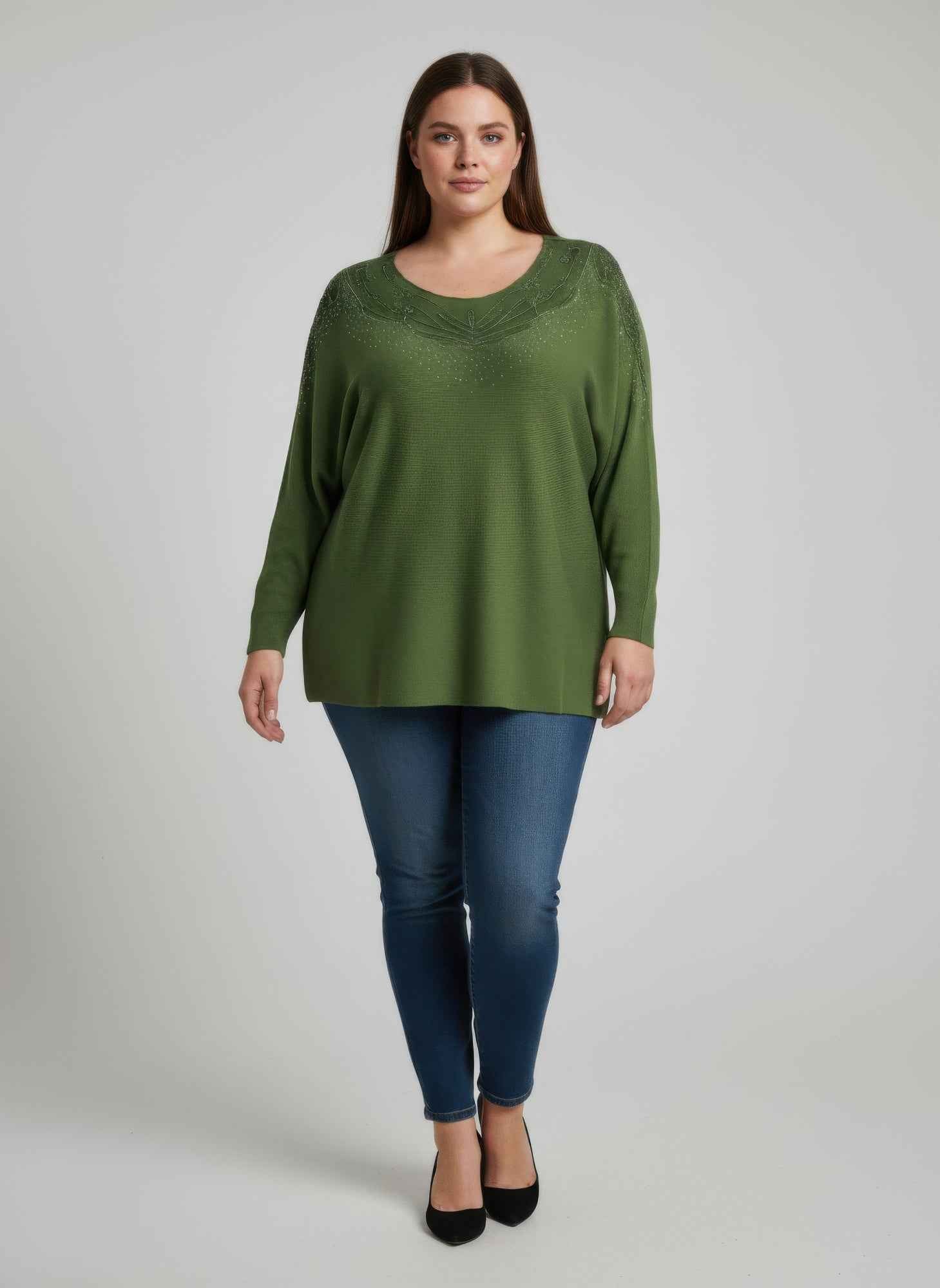 Scarlet Embellished Neckline Dolman Sleeve Tunic Top