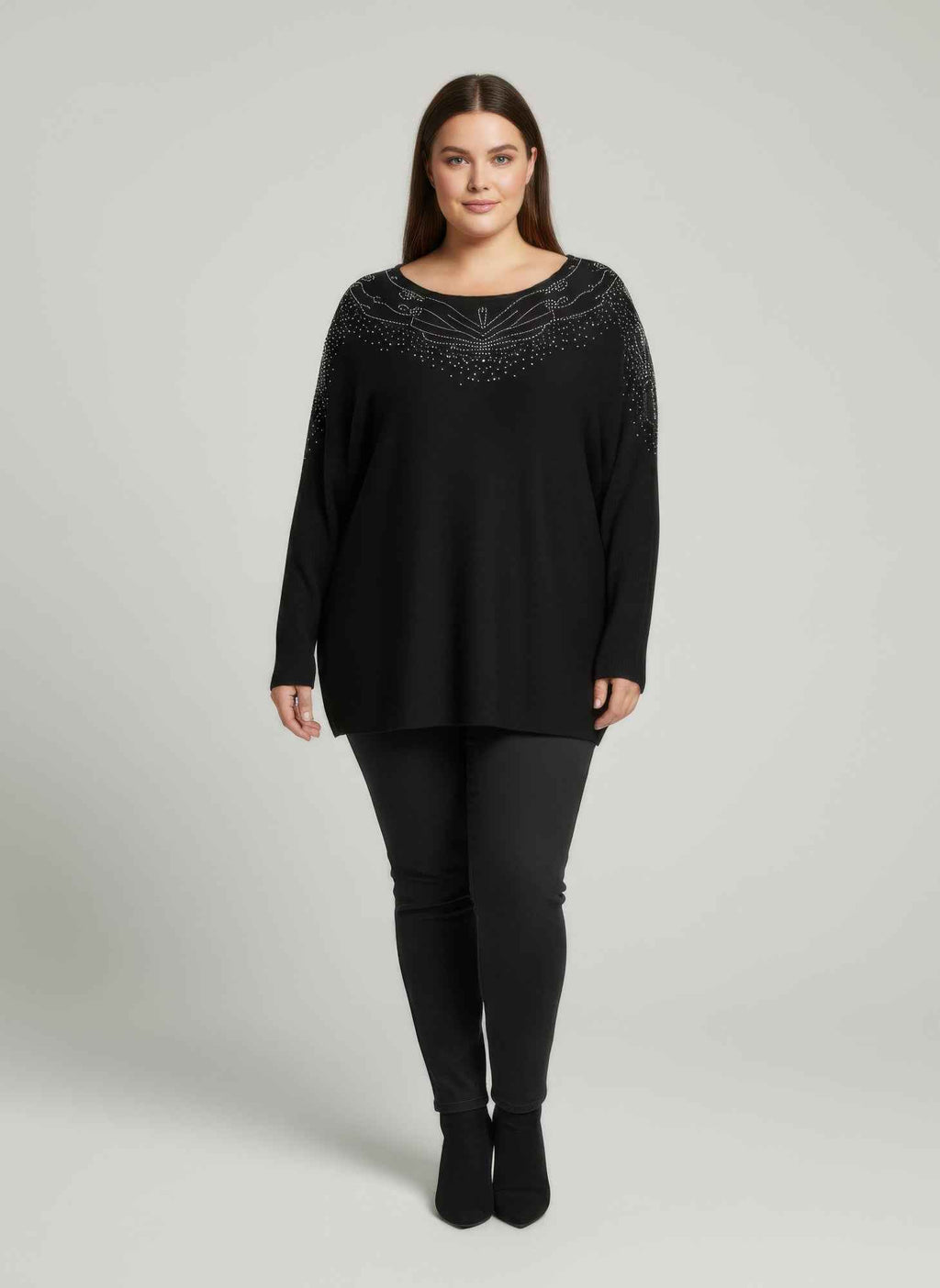 Scarlet Embellished Neckline Dolman Sleeve Tunic Top