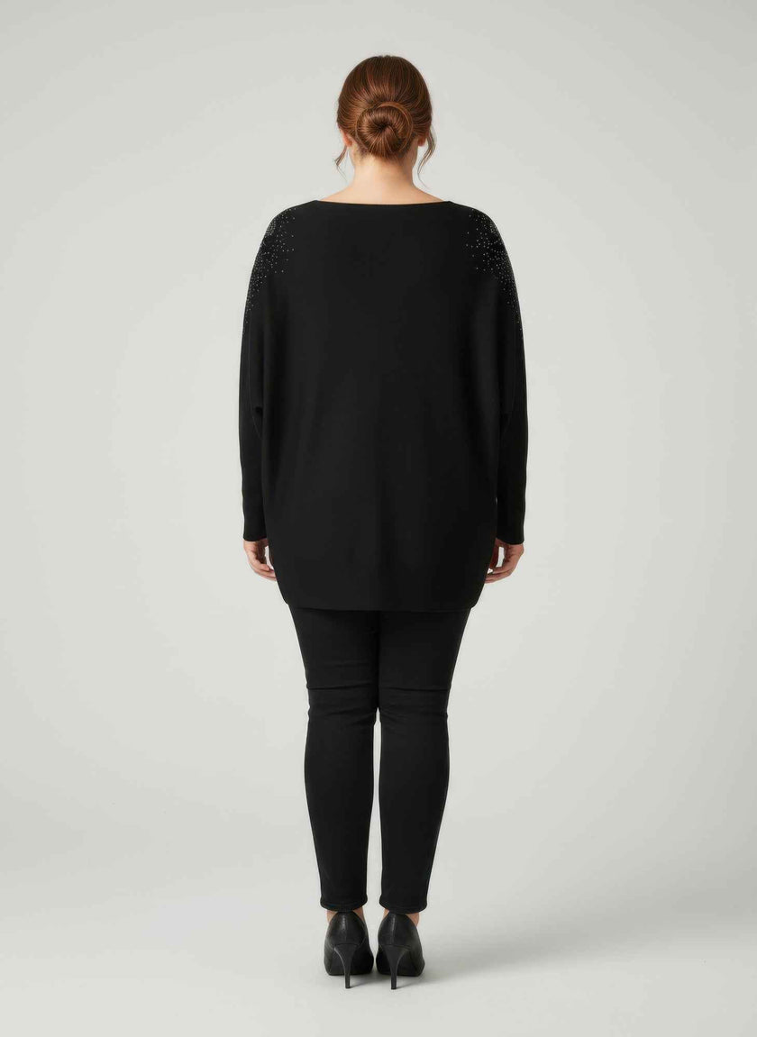 Scarlet Embellished Neckline Dolman Sleeve Tunic Top