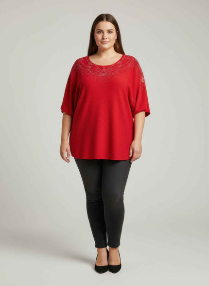 Scarlet Embellished Neckline Dolman Sleeve Tunic Top