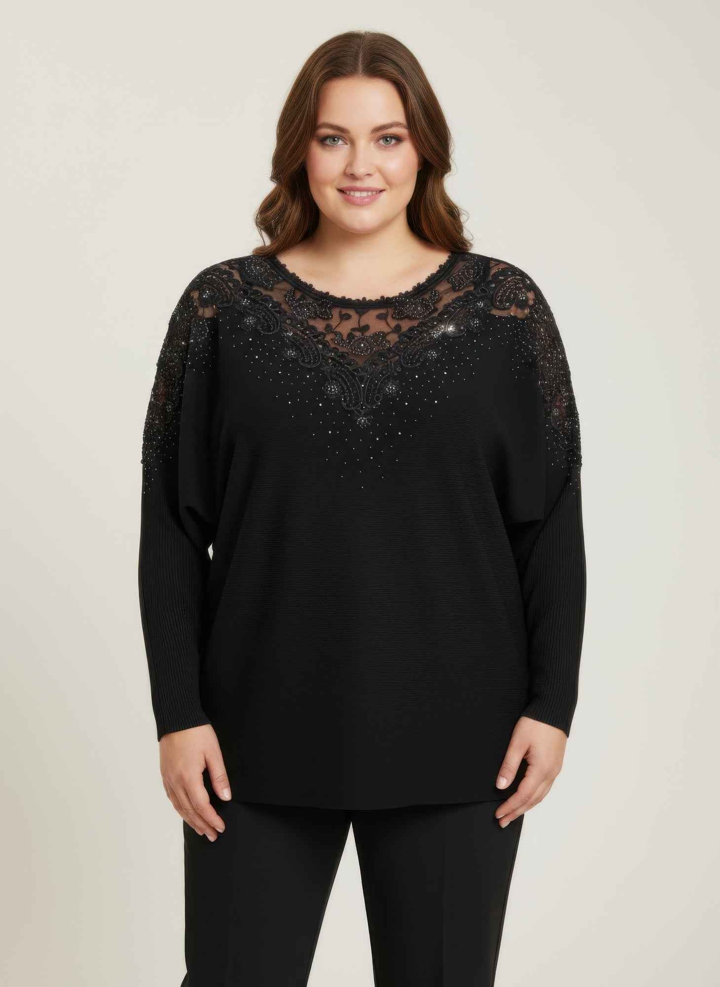 Crimson Lace Embellished Knit Tunic Top