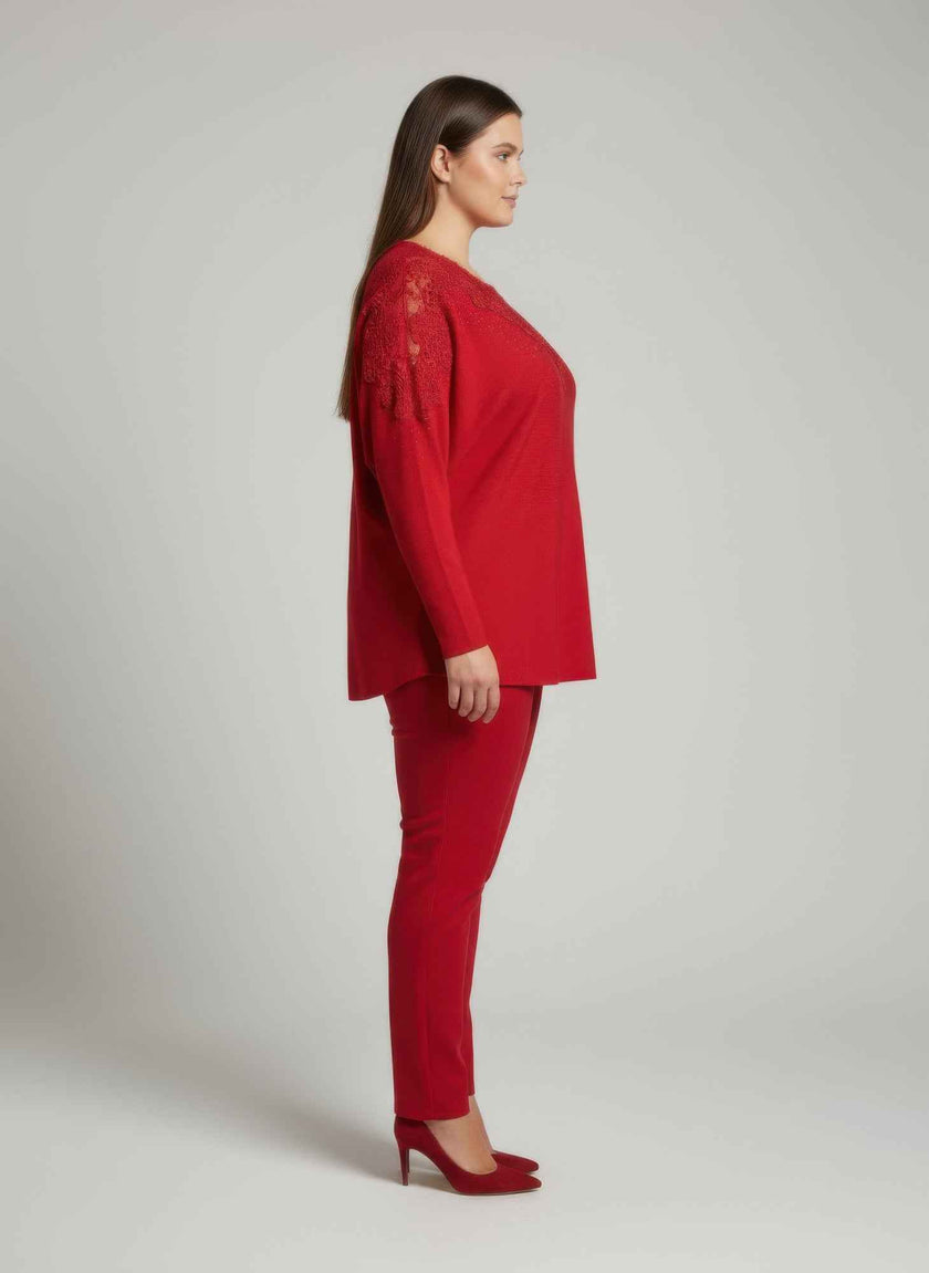 Crimson Lace Embellished Knit Tunic Top