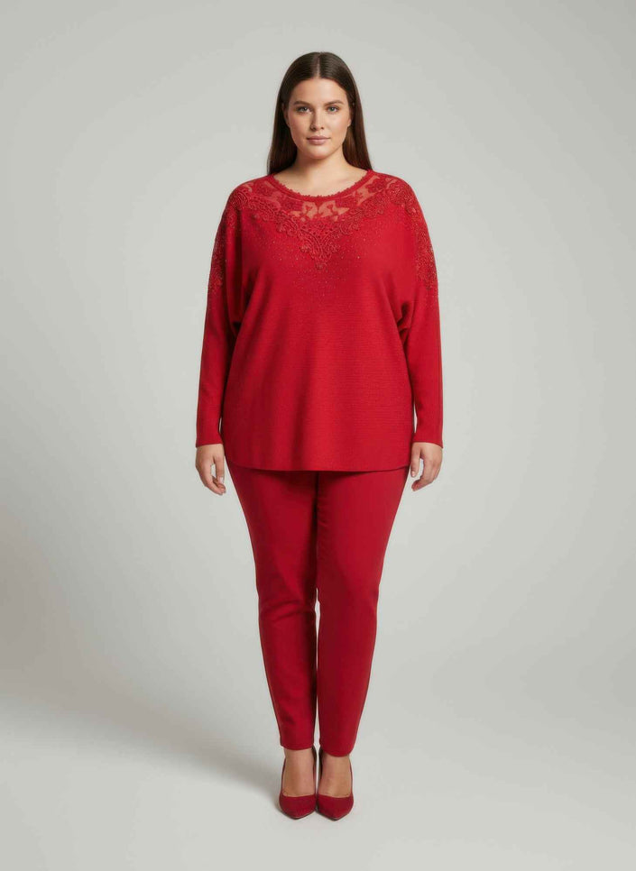 Crimson Lace Embellished Knit Tunic Top