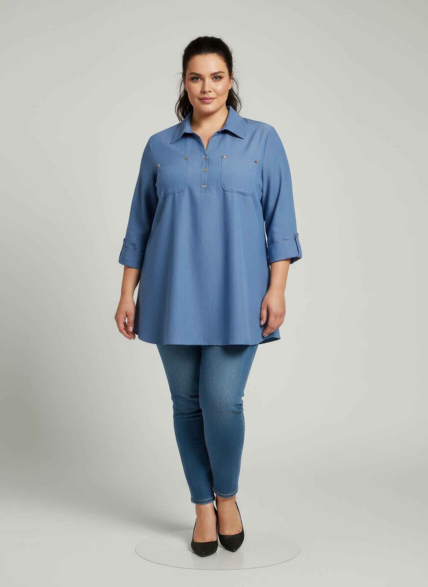 Blush Utility Button Front Roll Sleeve Blouse