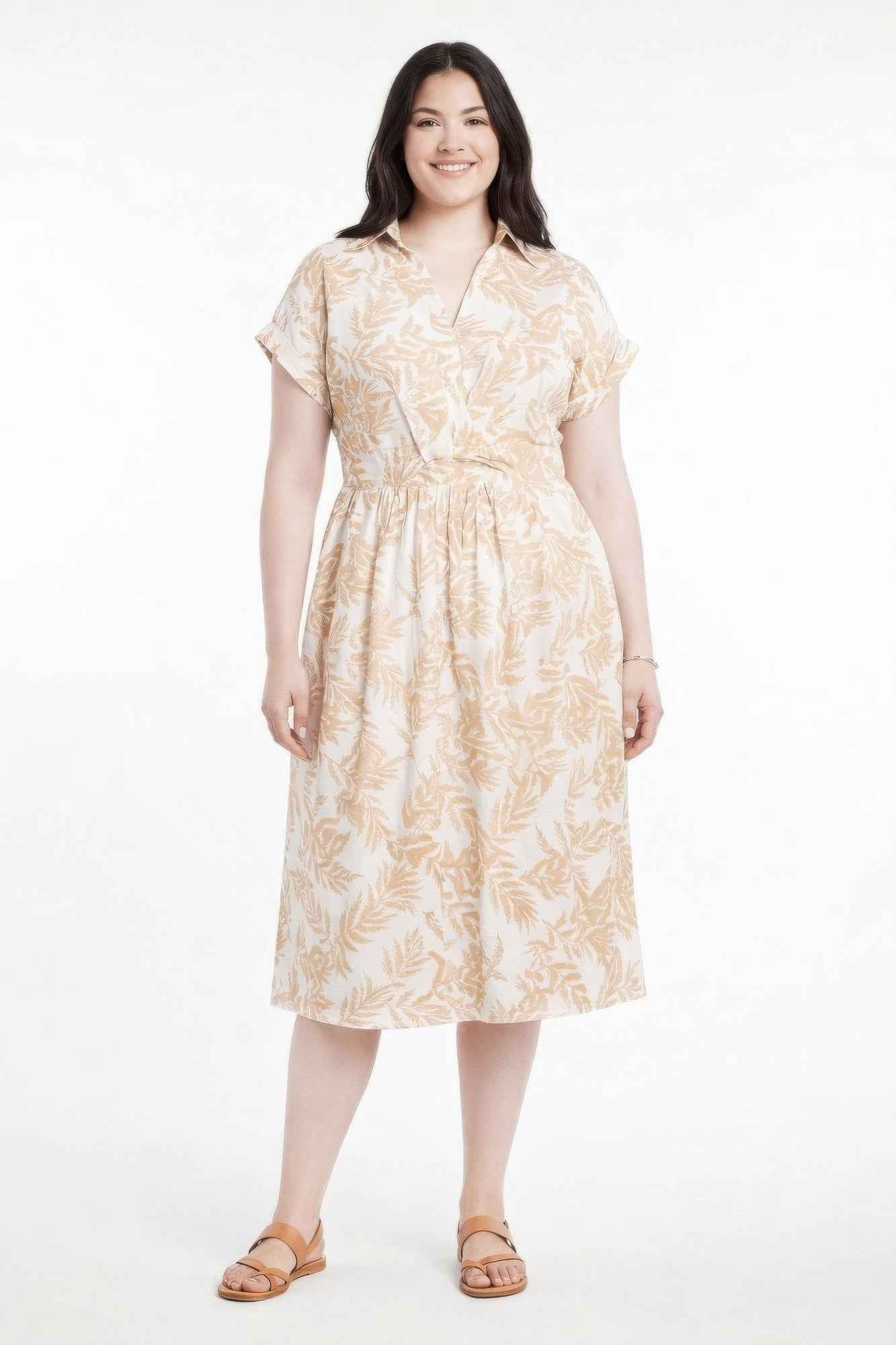 Botanical Print Collared Wrap Waist Midi Dress