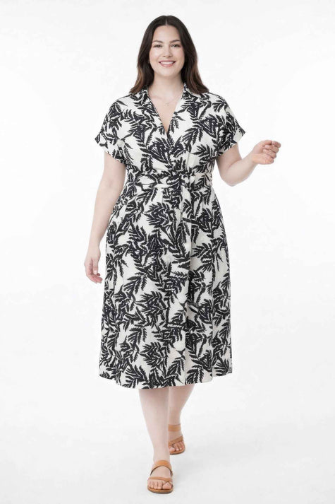 Botanical Print Collared Wrap Waist Midi Dress