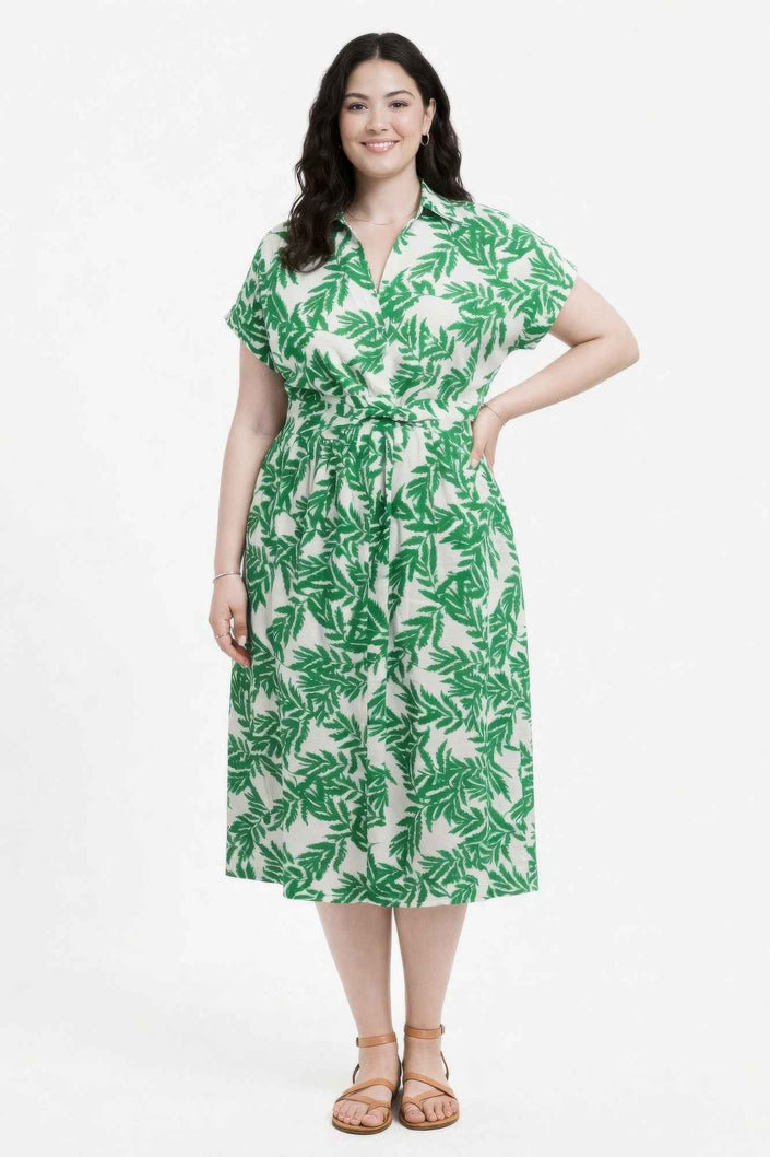 Botanical Print Collared Wrap Waist Midi Dress
