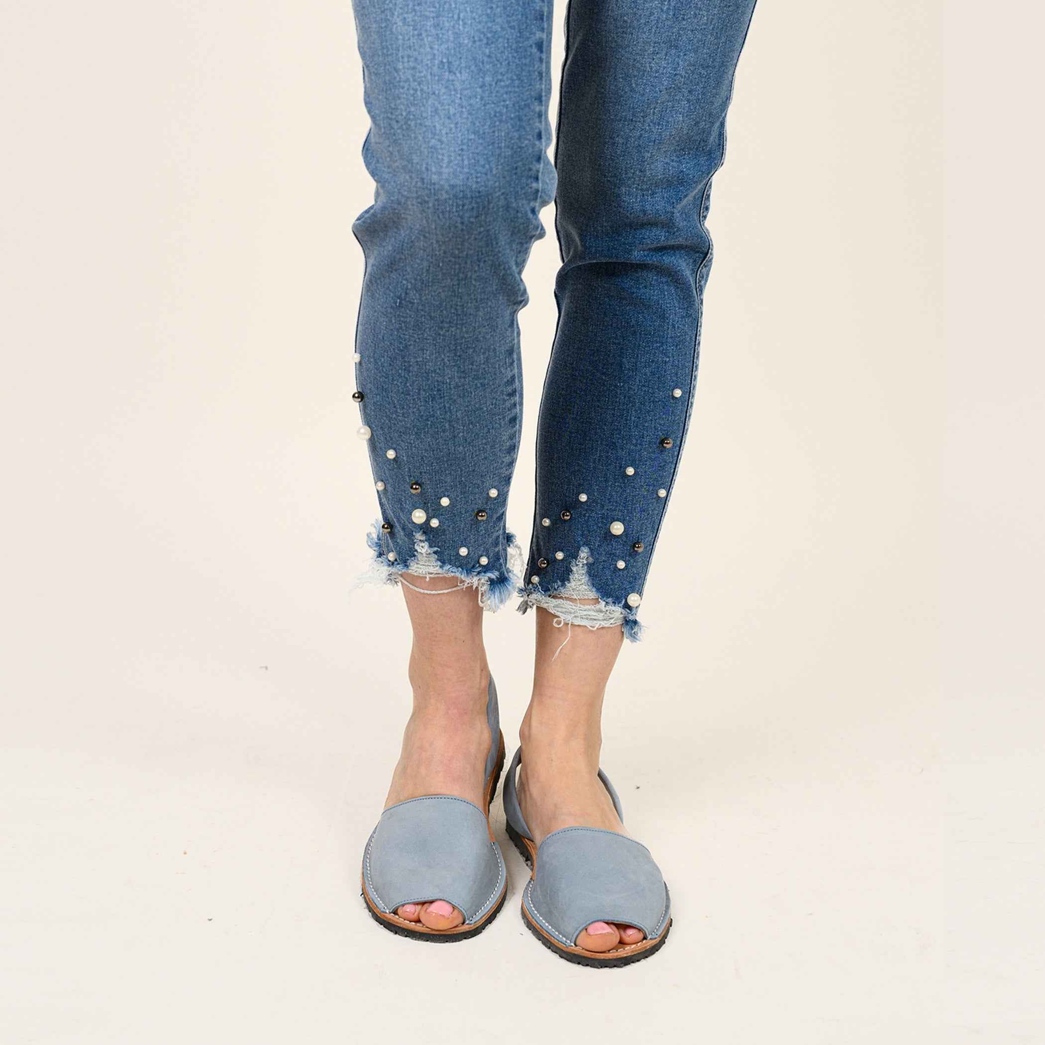 Pearl Beaded Distressed Hem Capris