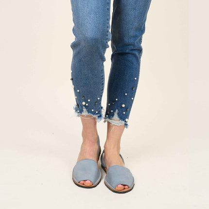 Pearl Beaded Distressed Hem Capris