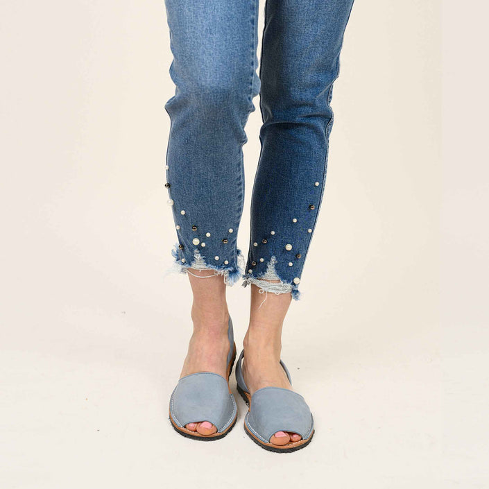 Pearl Beaded Distressed Hem Capris