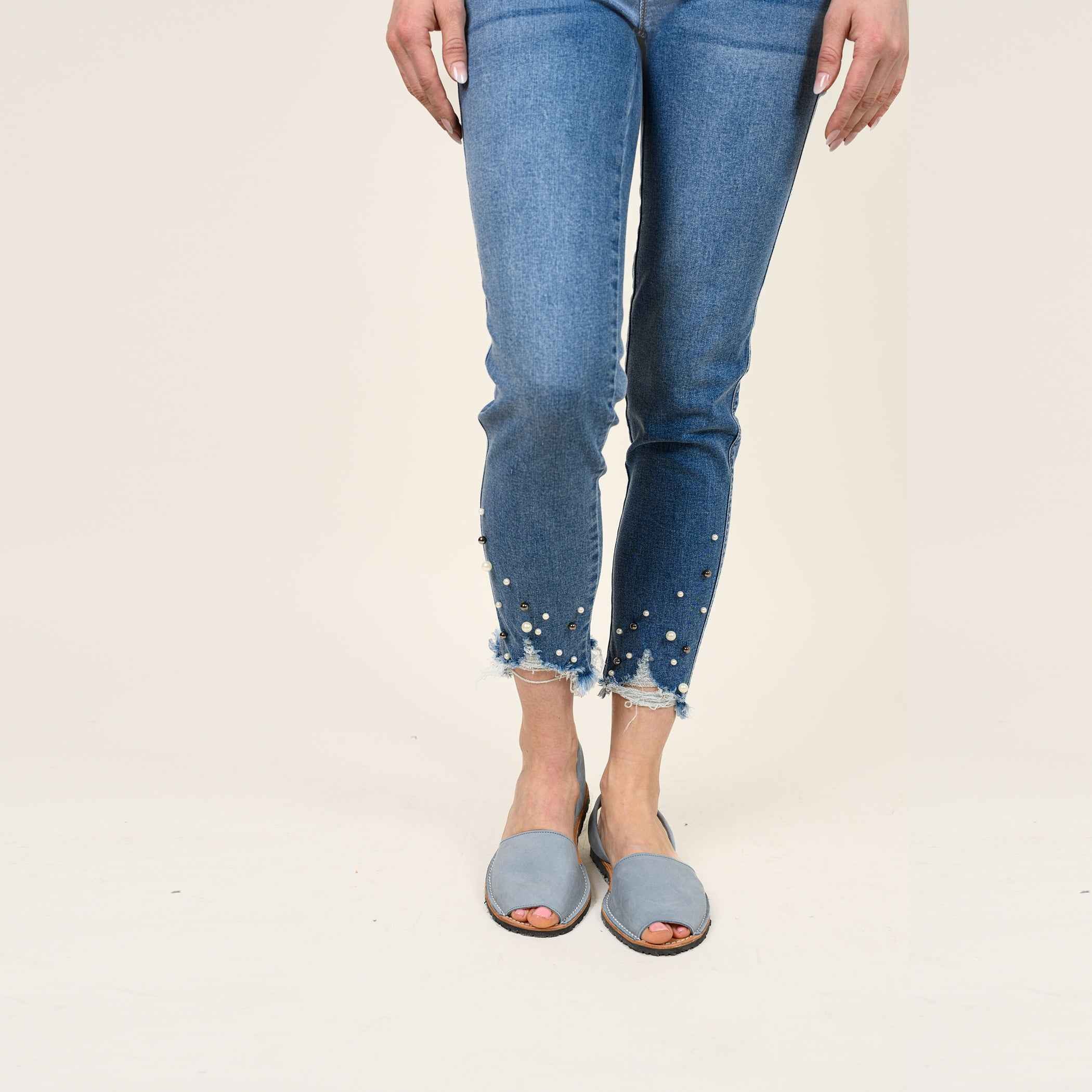 Pearl Beaded Distressed Hem Capris