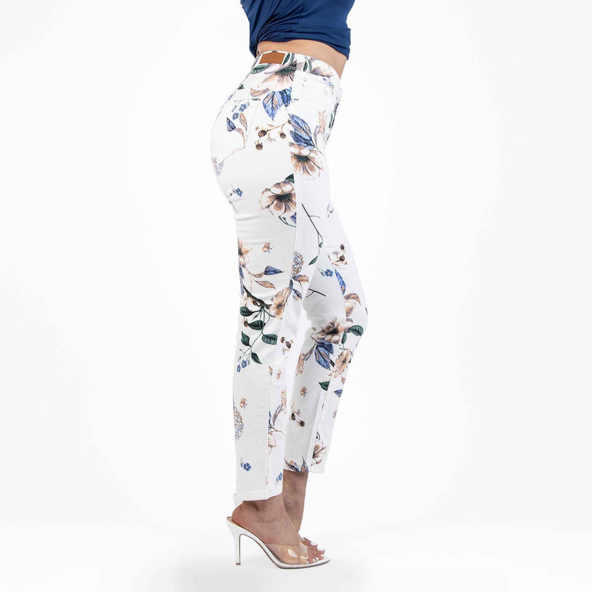 White and Purple Printed Capris Jeans