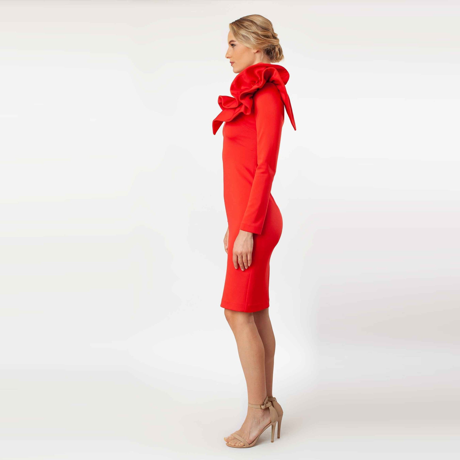 Asymmetric Ruffled Shoulder Sheath