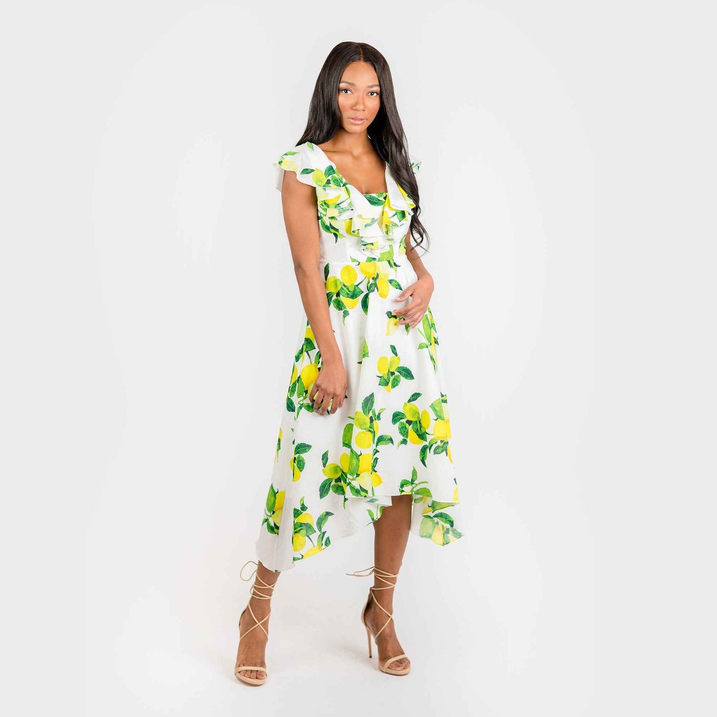 CN7177 Ruffled Nkline Sharkbite Hem Dress