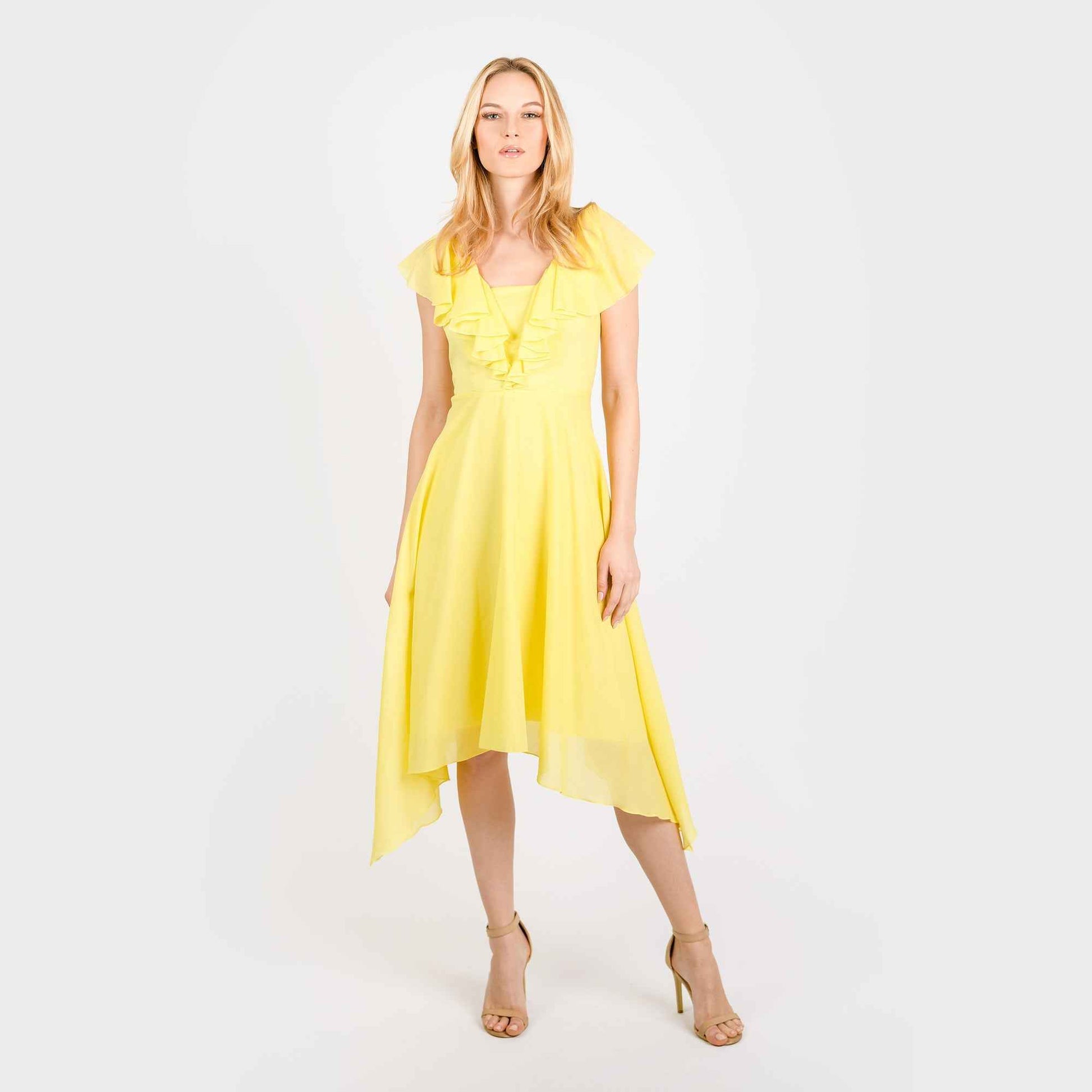 CN7177 Ruffled Nkline Sharkbite Hem Dress